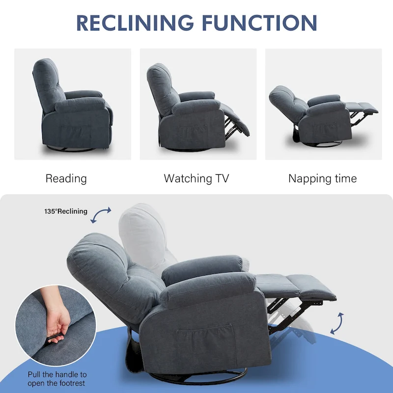 360 Linen Swivel Rocker Recliner with Side Pockets