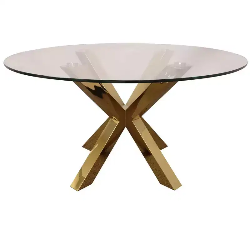 54 Clear and Gold Glass and Metal Cross Leg Base Round Top Dining Table