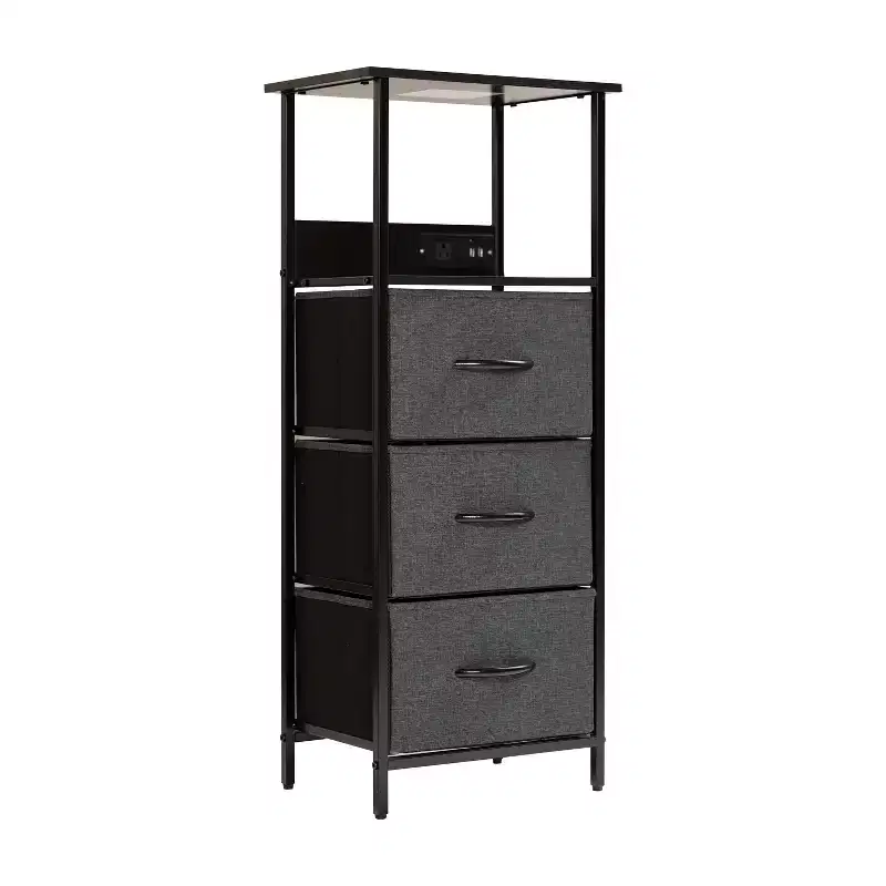 3-Drawer Nightstand with Charging Station, 2 USB Ports & 1 Outlet, Metal Frame, Engineered Wood Top, 40 lb