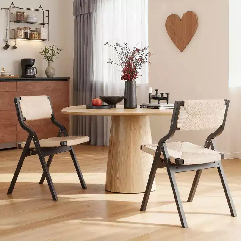 MAYEERTY 2-Set Wood Foldable & Stackable Dining Chairs for Dining Room, Woven Seat & Back, Black - Natural