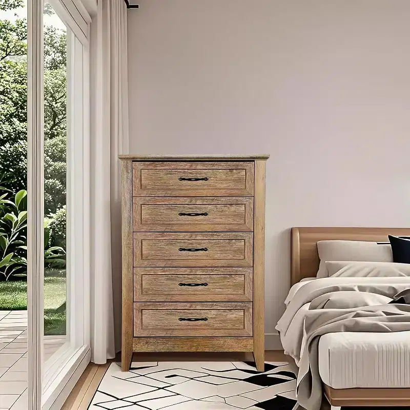 Farmhouse 5-Drawer Tall Dresser with Wood Tone Finish, Multi-Room Storage for Bedroom Living Room Entryway, Easy Assembly Sturdy Construction