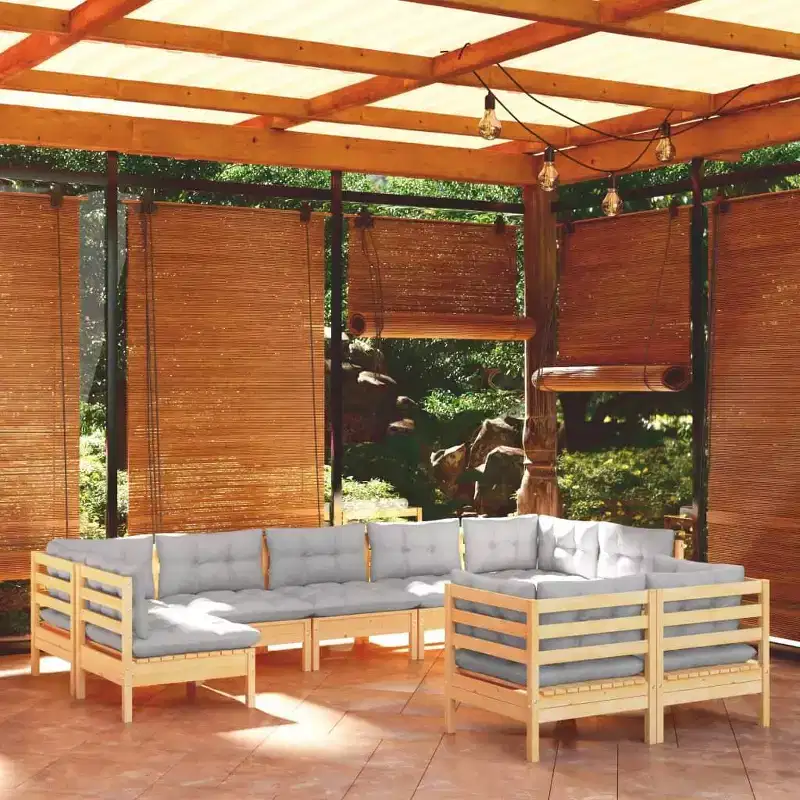 vidaXL Solid Pinewood Patio Lounge Set 9 Piece with Gray Cushions - Brown and Gray