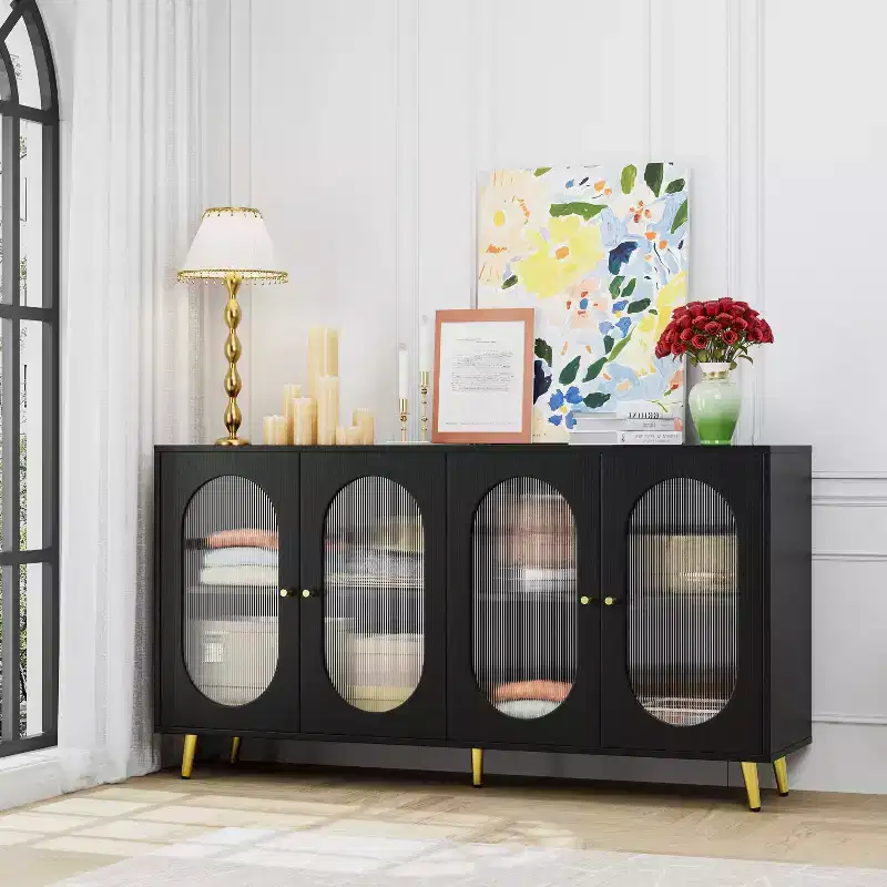 JVNOXK 60-inch Modern Decorative Sideboard, Acrylic Door Panels, Partitioned Storage Design Freestanding Kitchen Storage Cabinet, Black