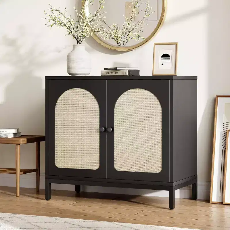 Rattan Sideboard Buffet Cabinet, Kitchen Storage Cabinet with Rattan Doors and Adjustable Shelves, for Living Dining Room Hallway