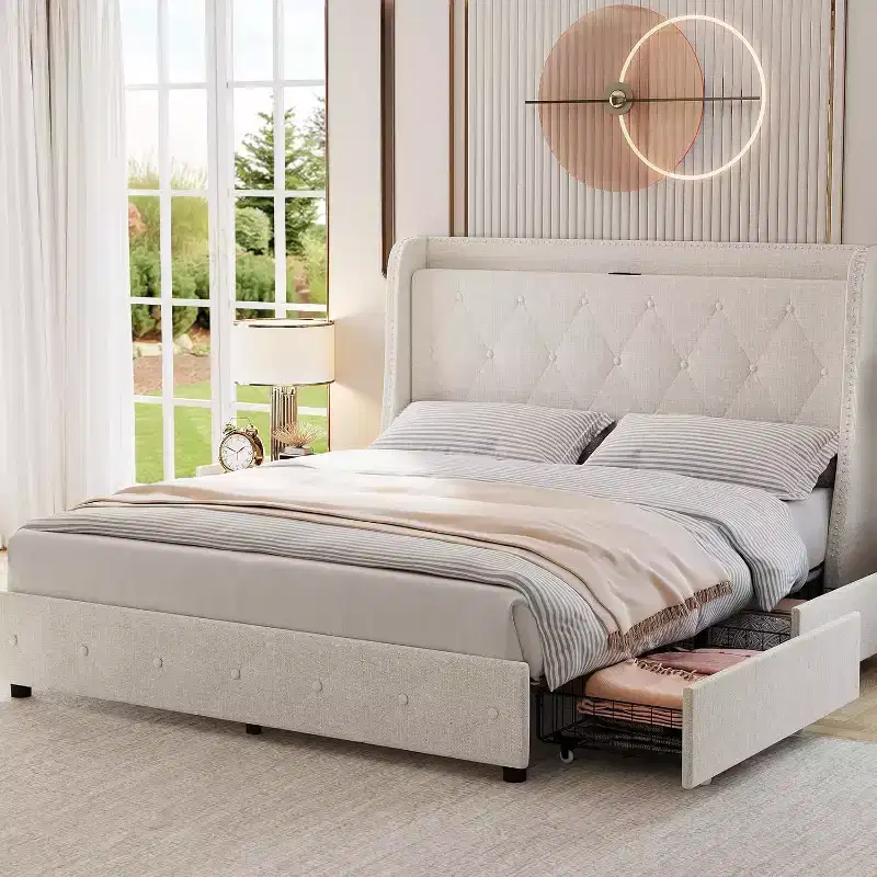 Queen Size Bed Frame 4 Storage Drawers, Headboard and Storage, cushion Bed Frame with Charging Station & Wingback, No Box Spring Needed, Noise-Free