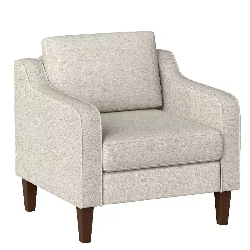 Beige Linen Fabric Upholstered Accent Armchair with Scooped Arms – Single Sofa Chair