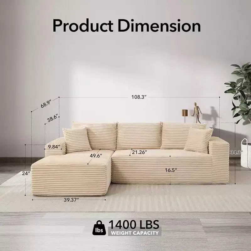 Beige / Black / Dark Gray / Olive Green Corduroy L-Shaped Modular Sectional Sofa, 2-Seat