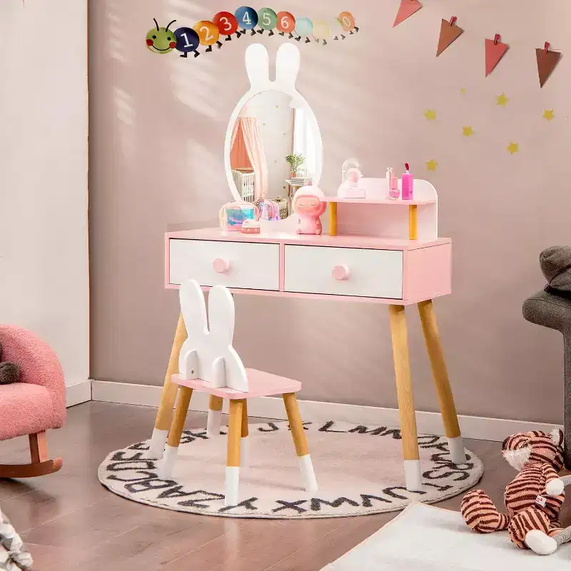 BALHAM TRADE-Rabbit Themed Kids Vanity Set White Wooden Makeup Table Chair w 2 Large Drawers