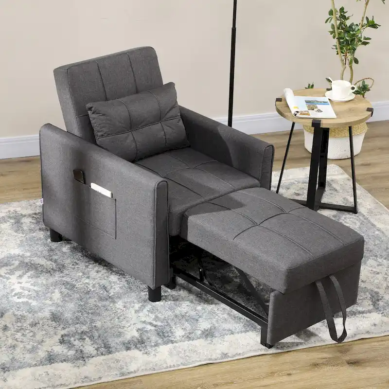 Dark Grey Polyester Single Convertible Sofa Bed with Adjustable Back