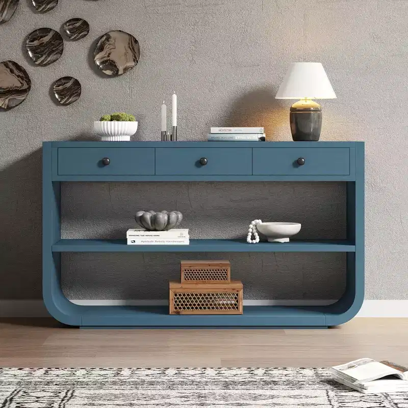 ModernLuxe Curved Console Table Entryway Table Sofa Side Table Display Stand Accent Table with 3 Soft-Close Drawers & 2 Open Shelves
