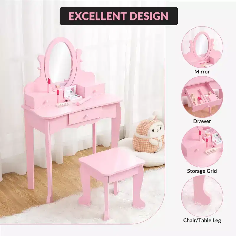 Kids Vanity Set with Mirror and Stool Wooden Makeup Table for Girls Ages 4 to 9 Kids Vanities Dress Up Playset for Bedroom and Playroom Furniture