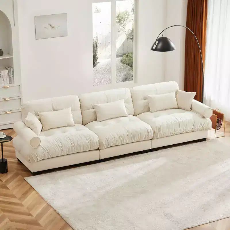 Extra Large 3 Seat Modern Velvet Sofa Cloud Like Comfortable Seat and Back Support with Waist Pillows and Throw Pillows Cream