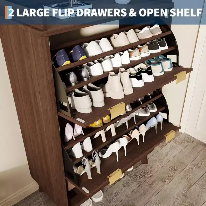 Shoe Cabinet, Entryway Organizer  48 Tall Fluted Cabinet with 2 Flip Drawers Open Shelf Curved Profile