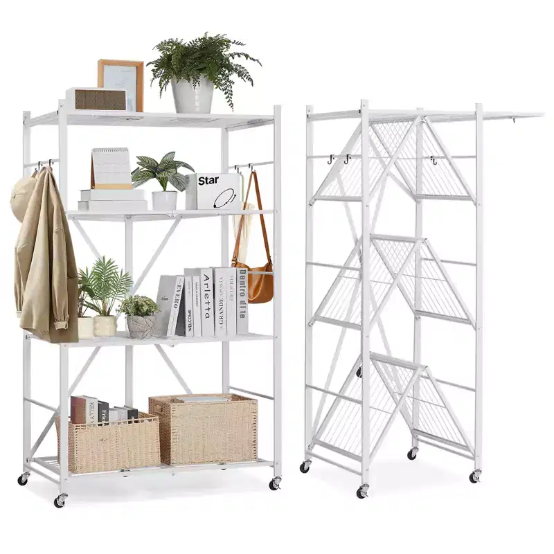 VEVOR 4-Tier Foldable Storage Shelf, 36W x 21D x 60 H Inch Folding Metal Rack Shelving Unit, No Assembly Organizer Shelf with 5 Wheels&4 Hooks,White