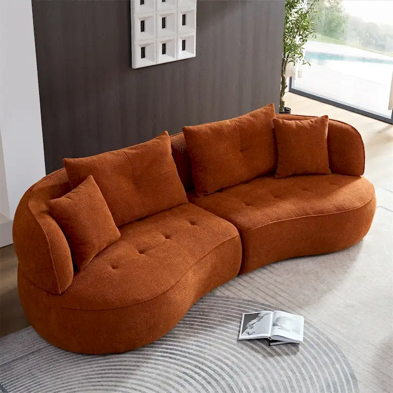 Orange / White Curved Sectional Sofa, 4-Seat, Fabric Upholstery