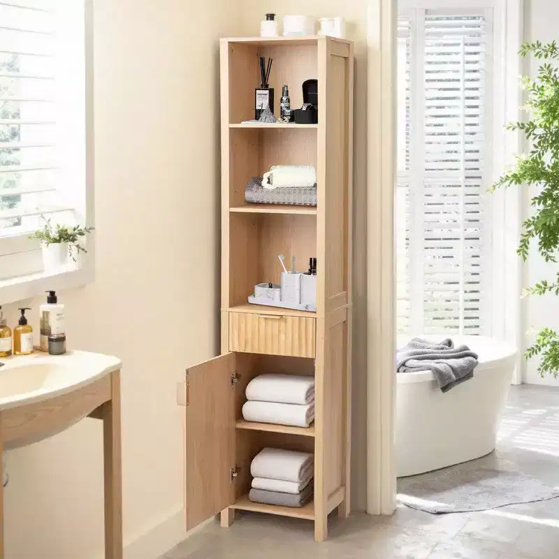 Oak Freestanding Cabinet with Drawer, Door, and Bookcase Shelves