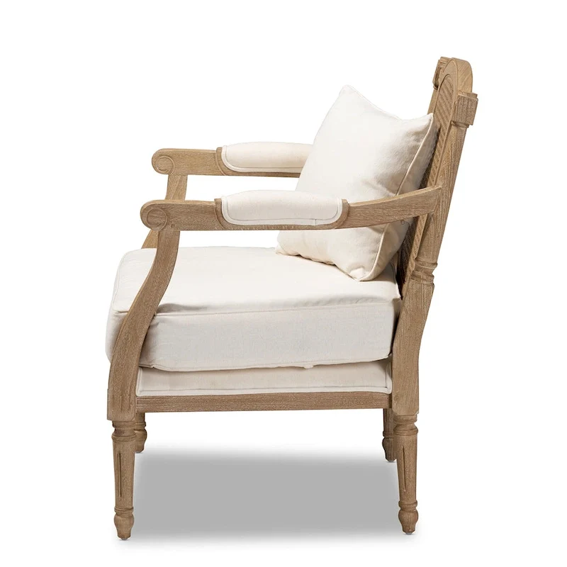 Ivory French Provincial Armchair, Single Seat, Carved Mahogany & Rattan