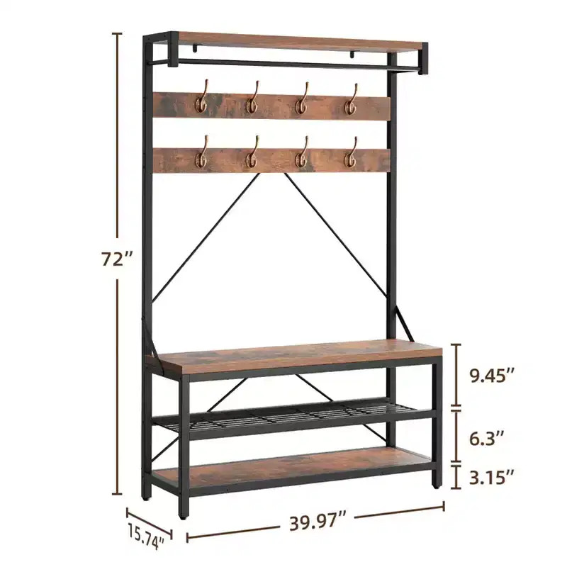 72 Industrial Hall Tree with Shoe Bench,Wood Look Entryway Storage, Hanging Bar & 8 Hooks, Accent Shelf for Coats & Shoes