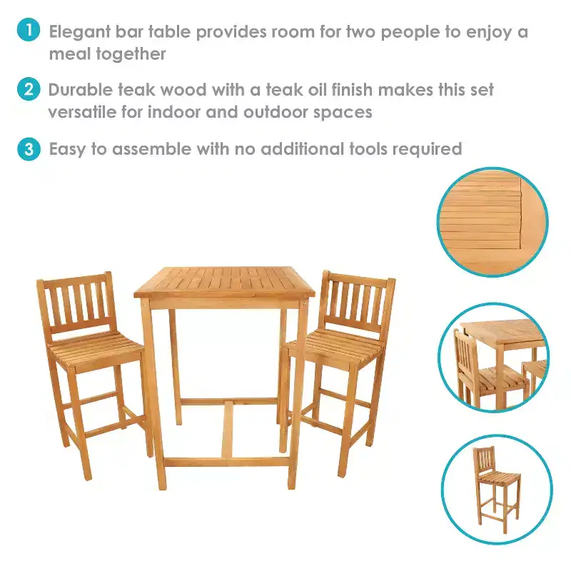 Sunnydaze 3-Piece Teak Wood Outdoor Bar Set - Brown