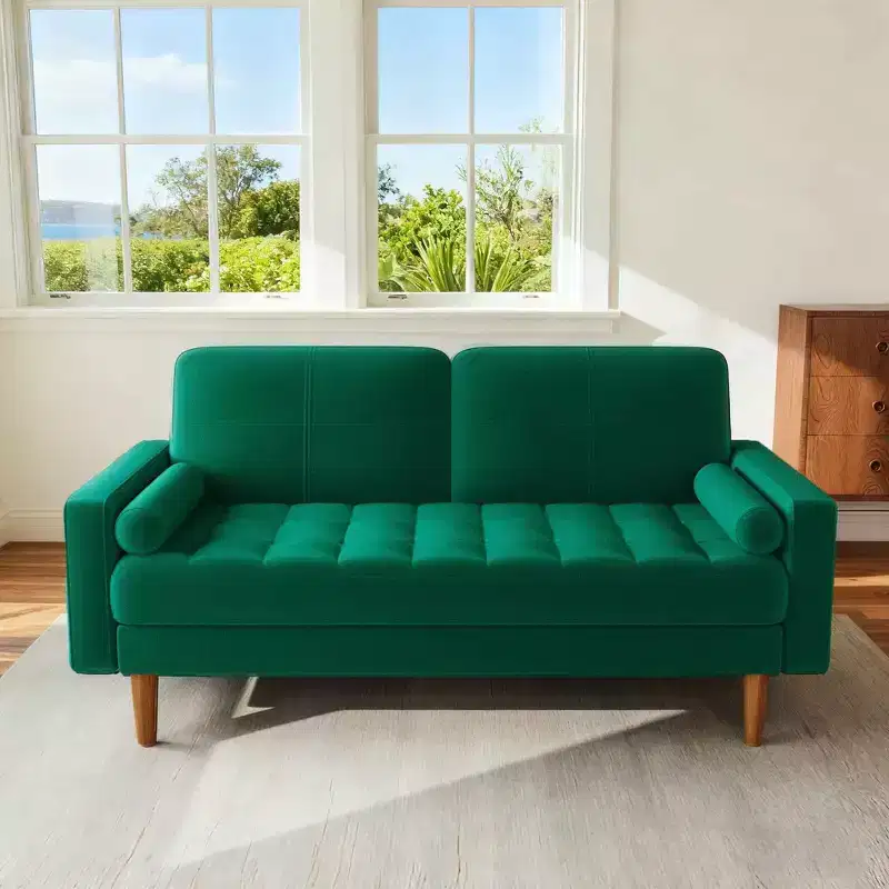 Mid-Century Modern Velvet Loveseat Sofa, Beige, Solid Wood Legs