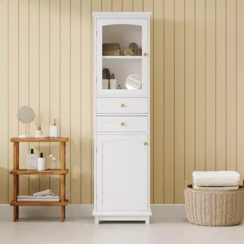 63 Inch High Bathroom Storage Cabinet with Independent Glass Door and Adjustable Shelf