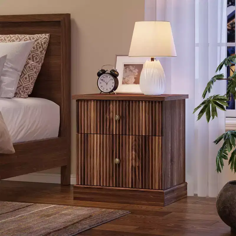 Modern Fluted Nightstand, 24 Bedside Table Small Accent Storage Cabinet with 2 Drawers, Curved Stable Base Side End Table