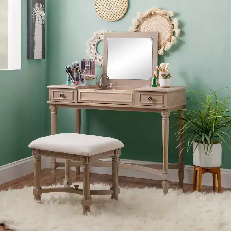 Cyndi Traditional Washed Wood Vanity Set with Stool & Storage, Beige Padded Seat - Linon