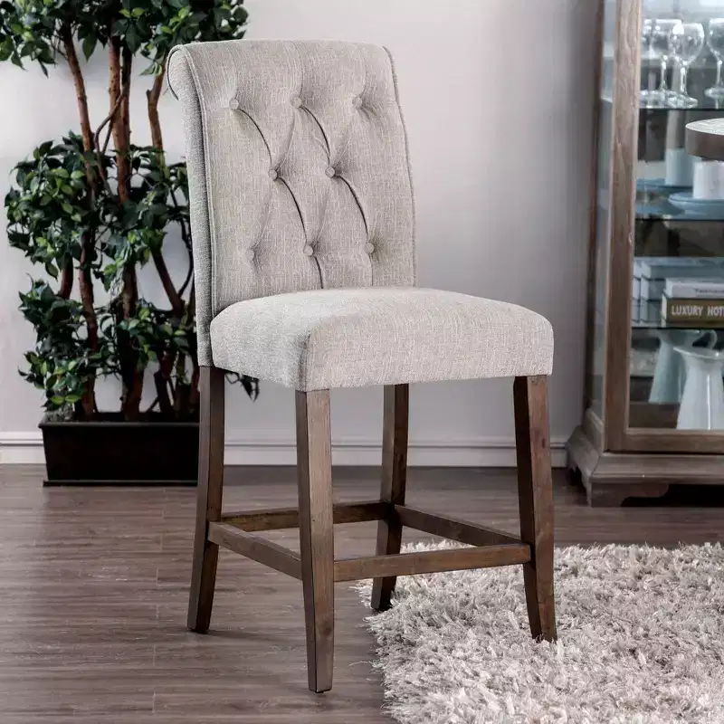 2-Pack Brandta Button-Tufted Counter Height Barstool — Beige/Rustic Oak, Wood Legs