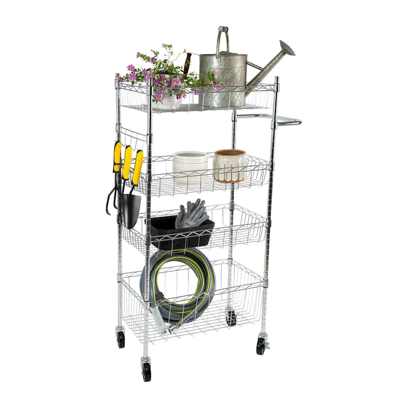 4-Tier Rolling Utility Cart with 5 Hooks for Kitchen, Laundry or Office