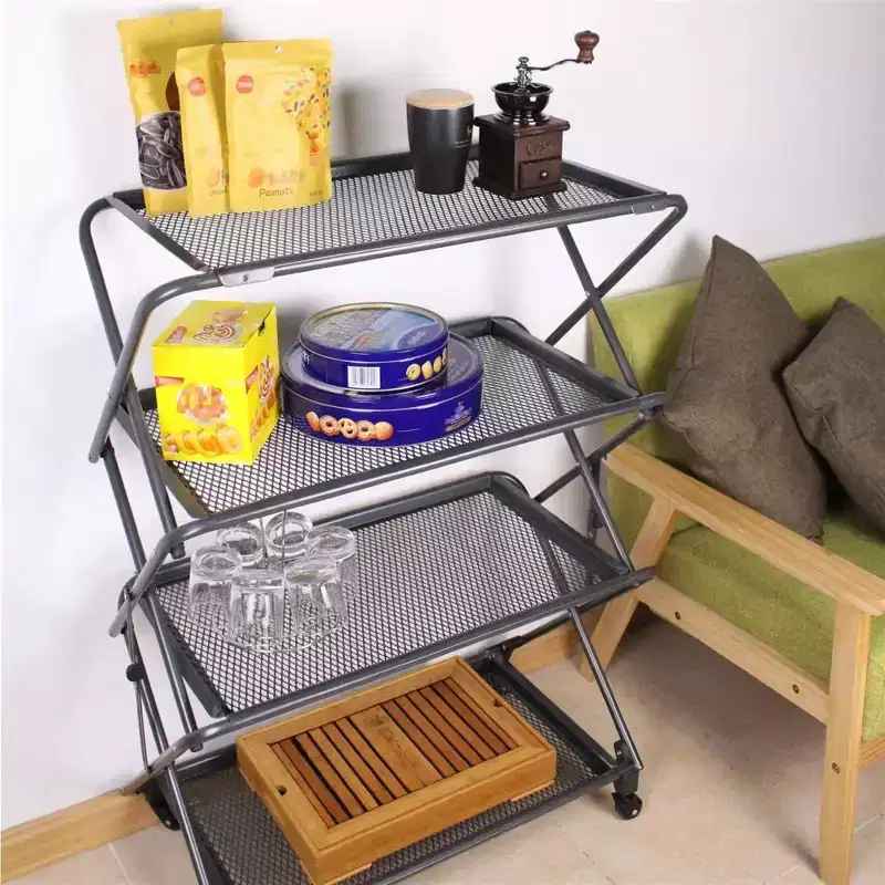 4-Tier Foldable Steel Shelf with Casters, Powder-Coated, Removable Mesh Trays, 39