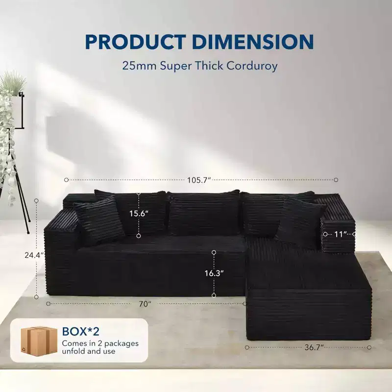 COZONY 106 Modular Cloud Sectional Sofa with Deep Seat, Soft Corduroy, Left-Facing Chaise, Boneless Design