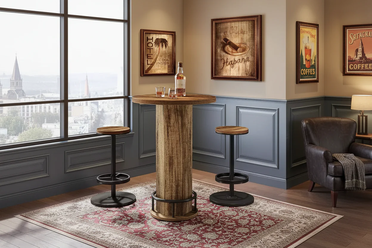 Round Bar Table with Chairs, Bistro with 2 barstools, Pub Cocktail Table with Metal Ring Footrest for Kitchen Nook, Apartment