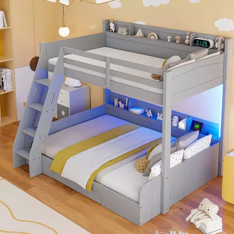 Whisen Twin over Full Bunk Bed & Bed Frame with Storage Shelves, LED, Charging Station and a Drawer