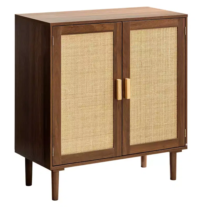 VEVOR Rattan Cabinet, with 2 Magnetic Doors and Adjustable Shelves, Accent Sideboard Buffet with Wooden Legs & Power Cord Hole, Khaki