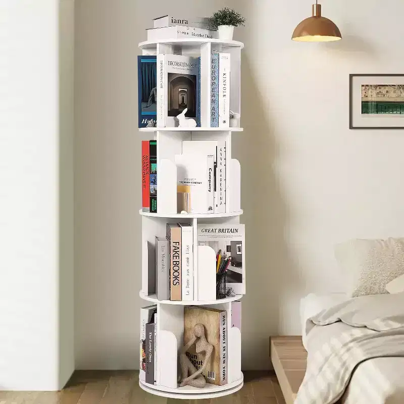 Zstar 4 Tier Rotating Bookshelf, Compact Corner Bookcase for Small Spaces 360 Display Wood Spinning Storage Organizer for Bedroom, Living Room