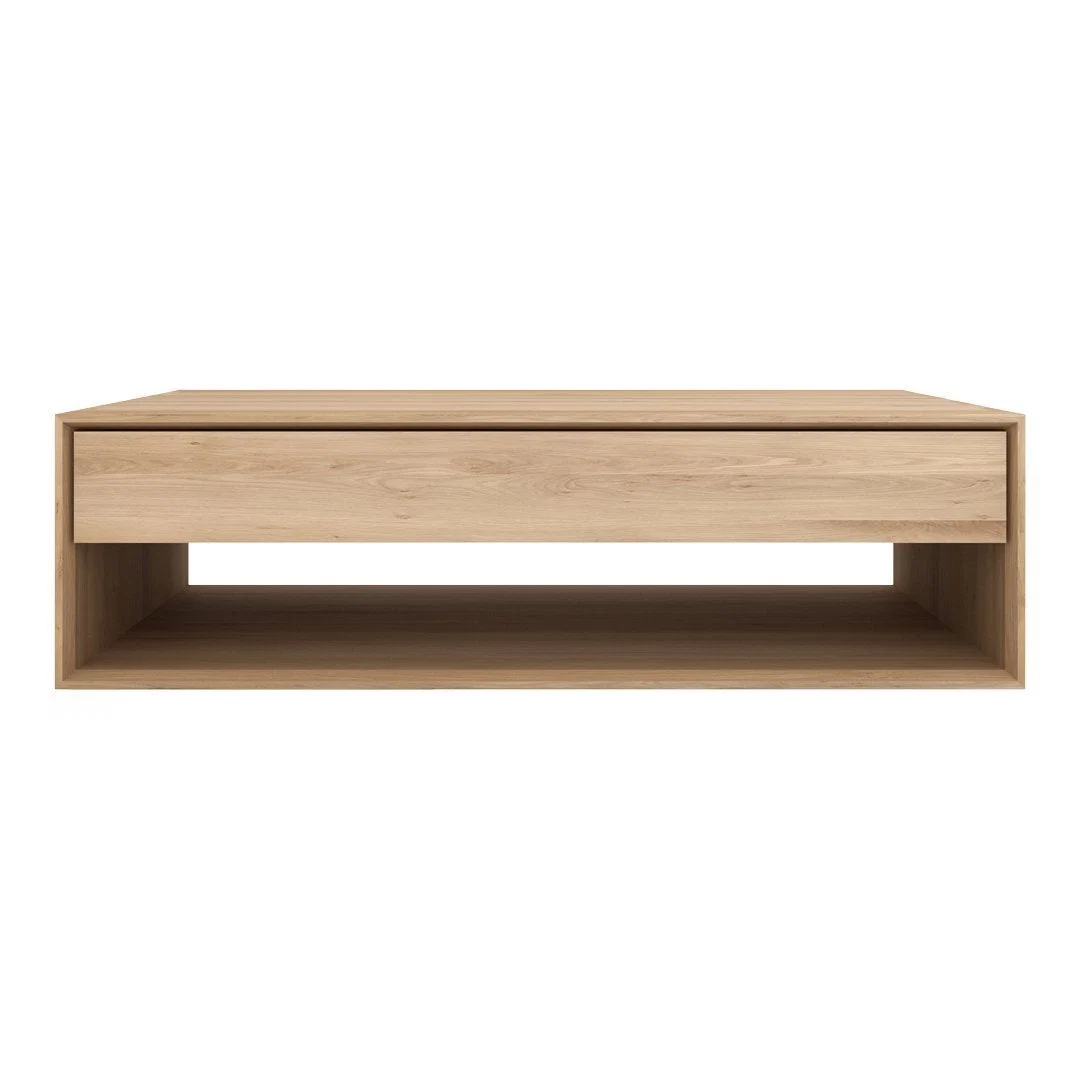 Scandinavian Solid Oak Coffee Table with Soft-Close Hidden Drawer for Living Room