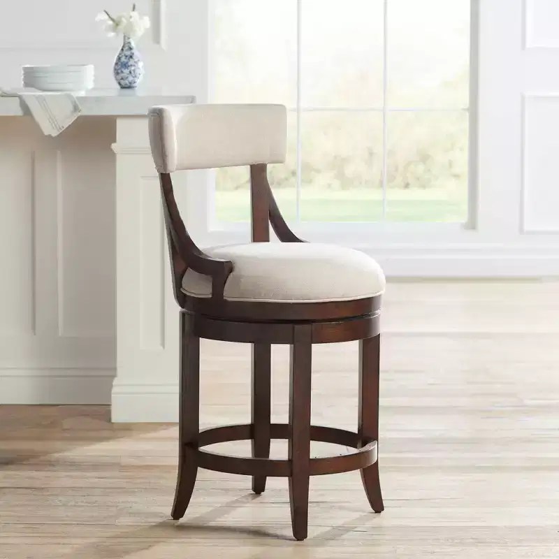 55 Downing Street Lev Walnut Wood Bar Stool Brown 24 High Farmhouse Rustic Beige Linen Cushion with Backrest Footrest for Kitchen Counter Island Home