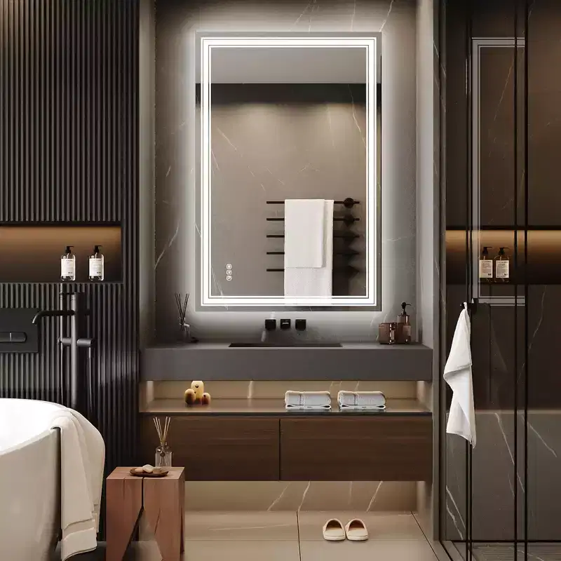 55x30 LED Bathroom Mirror with Lights,Anti-Fog,Dimmable,Backlit + Front Lit,Memory,Double LED Vanity,3 Colors,Stepless Dimming