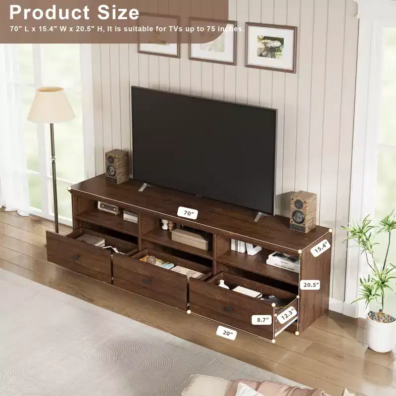 70-Inch TV Console Media Cabinet, Mid Century Modern Entertainment Center with Storage Drawer & Open Shelves, Fits TVs Up to 80 for Living Room