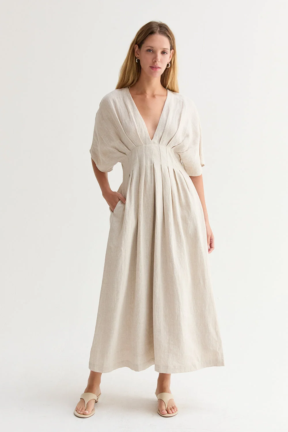 Pleated Linen V-Neck Midi Dress with Dolman Sleeves