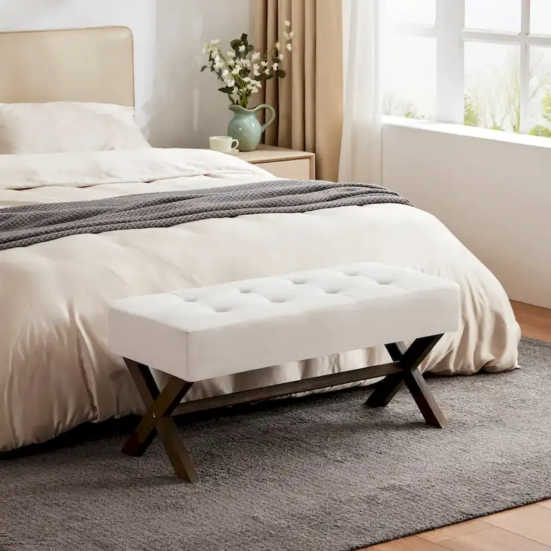 Fabric Entryway Bench Beige/ Grey/ White Upholstered Bench with X-Shaped Legs, 35-inch