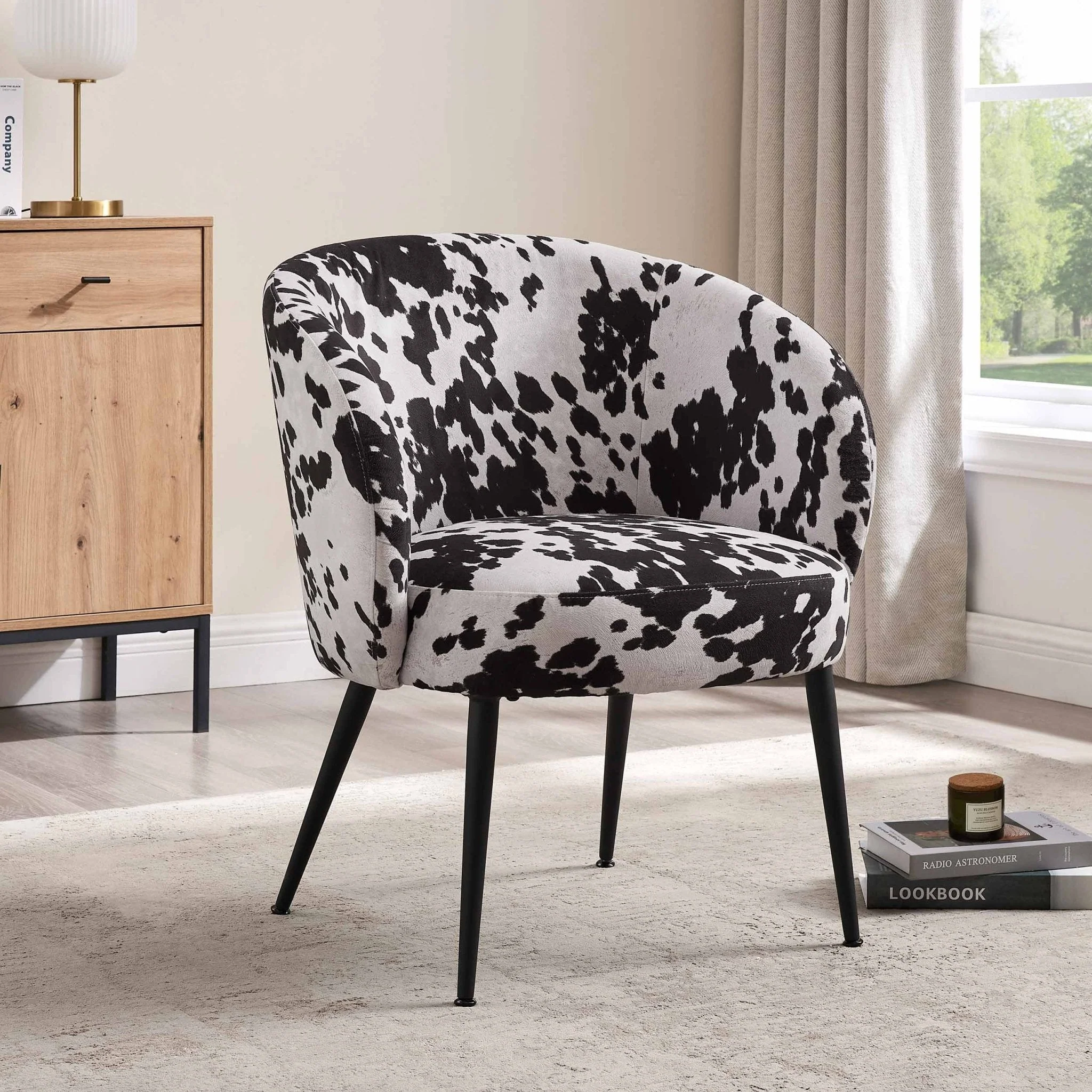 Eclectic Cow Print Fabric Accent Chair with Compact Design for Living Room
