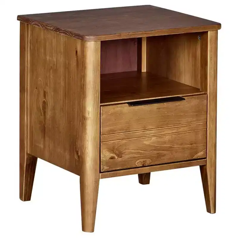 MUSEHOMEINC California Classic 1 Drawer Wooden Bedroom Nightstand Living Room End Table with Open Cabinet and Tapered Legs, Honey Brown