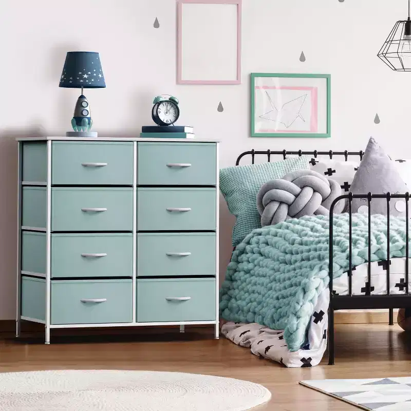 8-Drawer Fabric Dresser with Steel Frame and Wood Top