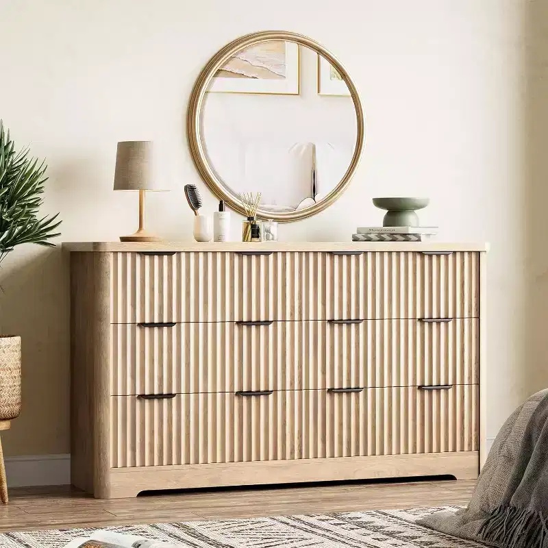 Fluted 6-Drawer Dresser with Wavy Design & Solid Wood Top