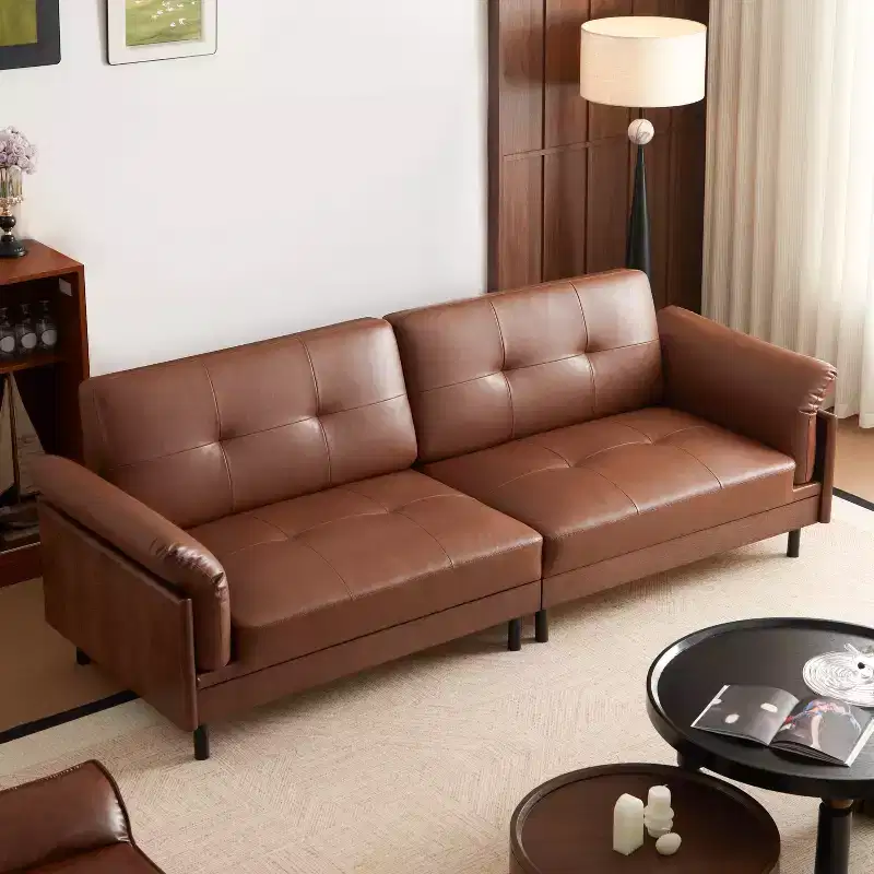 90Inch Mid Century Modern Brown Leather Sofa, Vintage Luxury Leather Sectional Couch With Solid Wood Exterior And Hand-Tufted for Living Room