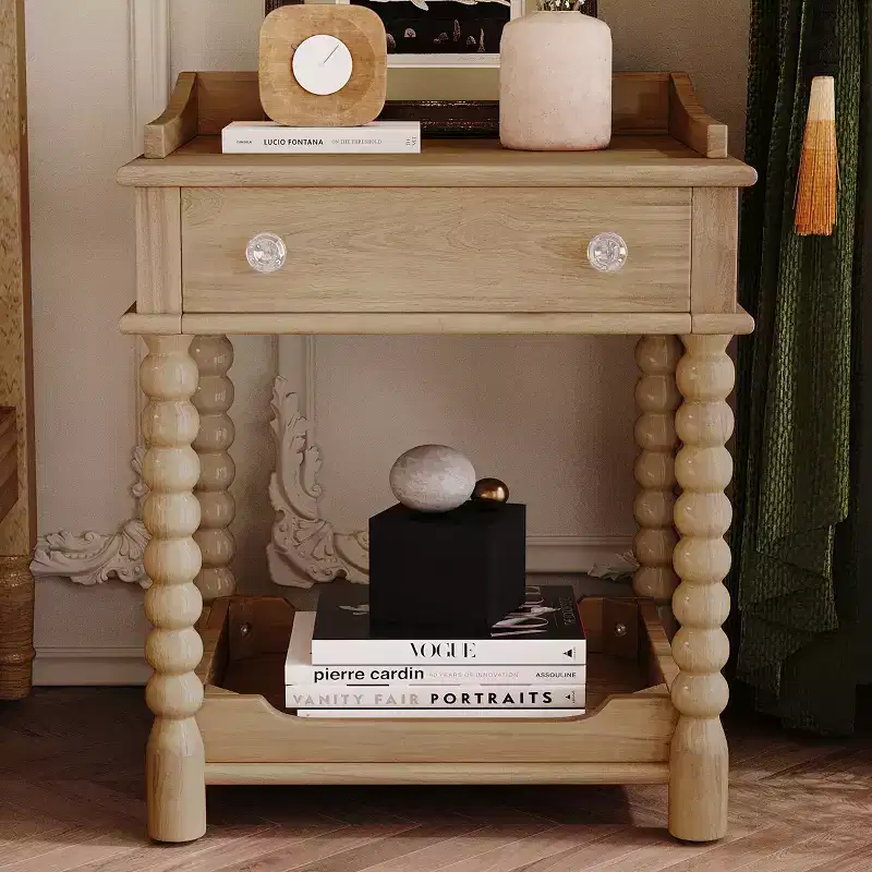 Retro Nightstand with Drawer and Open Shelf, Bedside Table with Turned Legs and Metal Handle, End Table for Bedroom