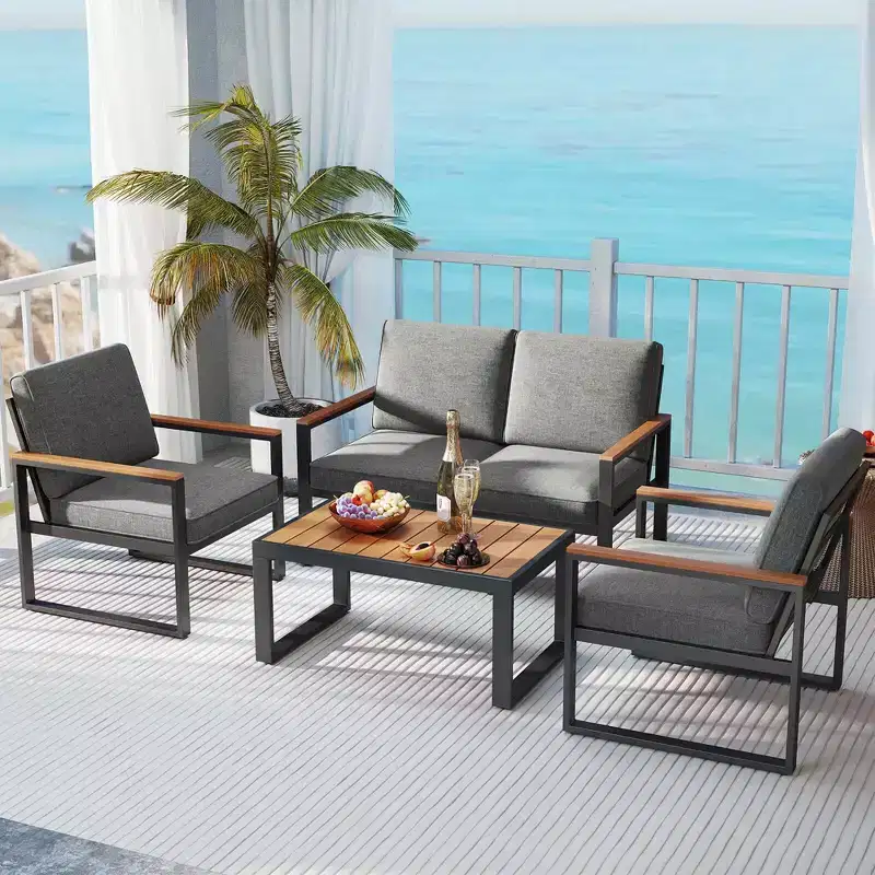 Costway 4 PCS Patio Aluminum Furniture Set Wood-Plastic Armrests & Tabletop for Balcony