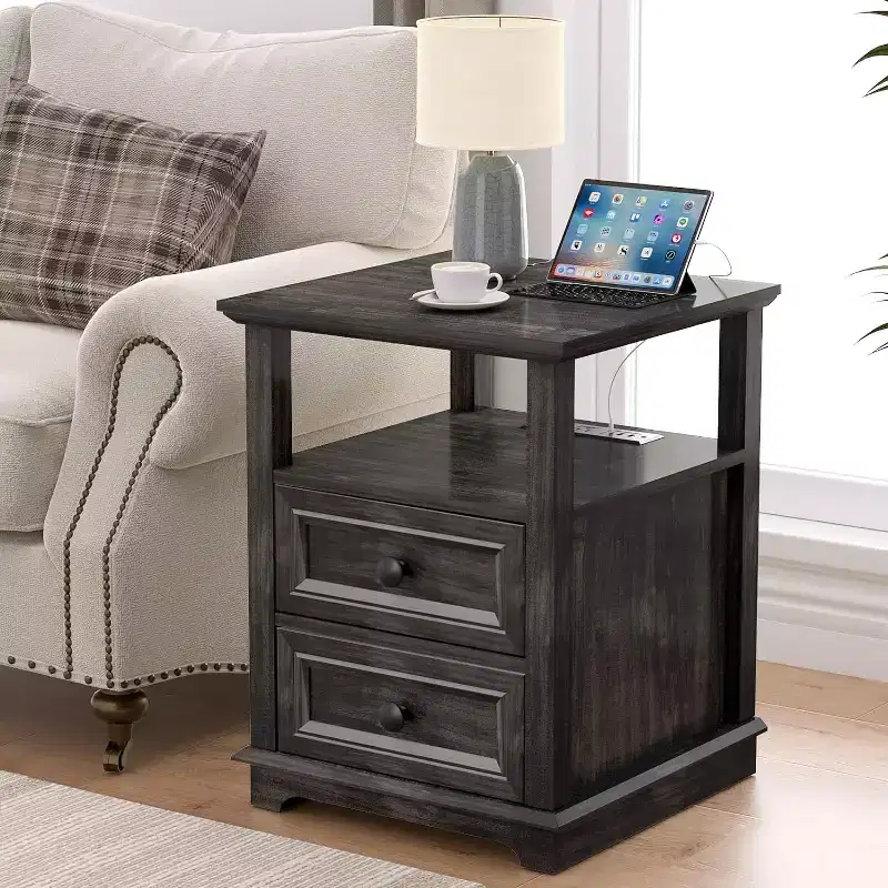 Farmhouse Nightstand 18 Blue End Table 1-piece with Charging Station 2 Drawers Storage Open Shelf, for Bedroom, Living Room, White
