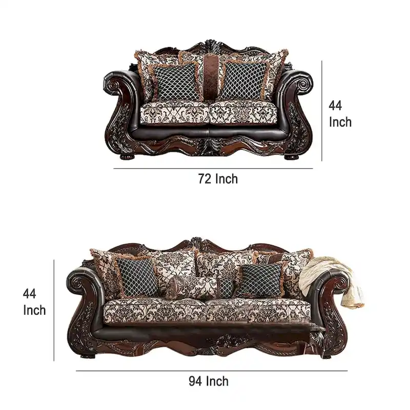 Ammy 2pc Sofa Loveseat Set, Dark Brown Faux Leather, 5 Accent Pillows